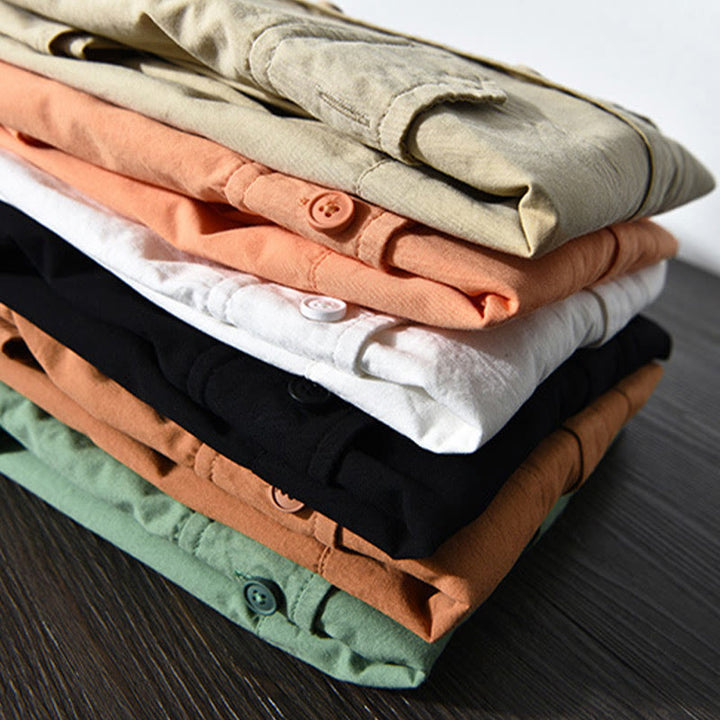 Buddha Stones Men's Long Sleeve Turn-down Collar With Pocket Pure Color Casual Cotton Shirt - image 20