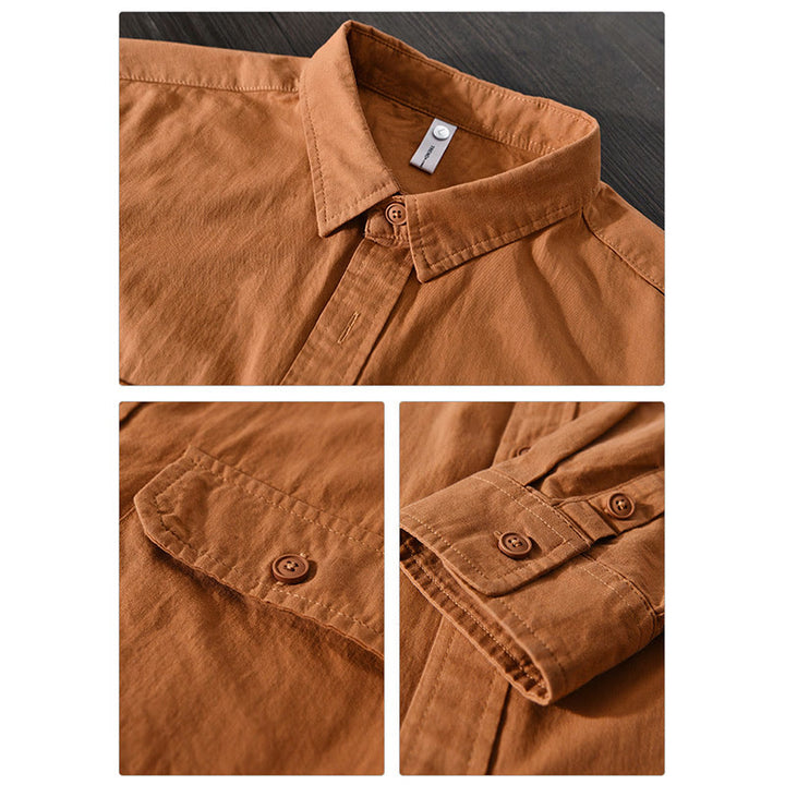 Buddha Stones Men's Long Sleeve Turn-down Collar With Pocket Pure Color Casual Cotton Shirt - image 15