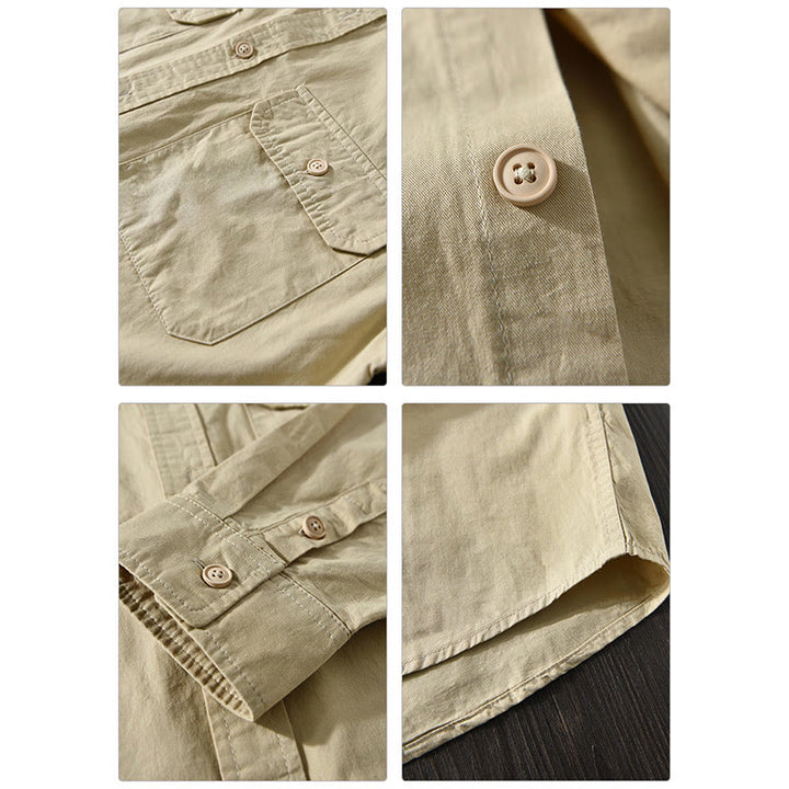 Buddha Stones Men's Long Sleeve Turn-down Collar With Pocket Pure Color Casual Cotton Shirt - image 9