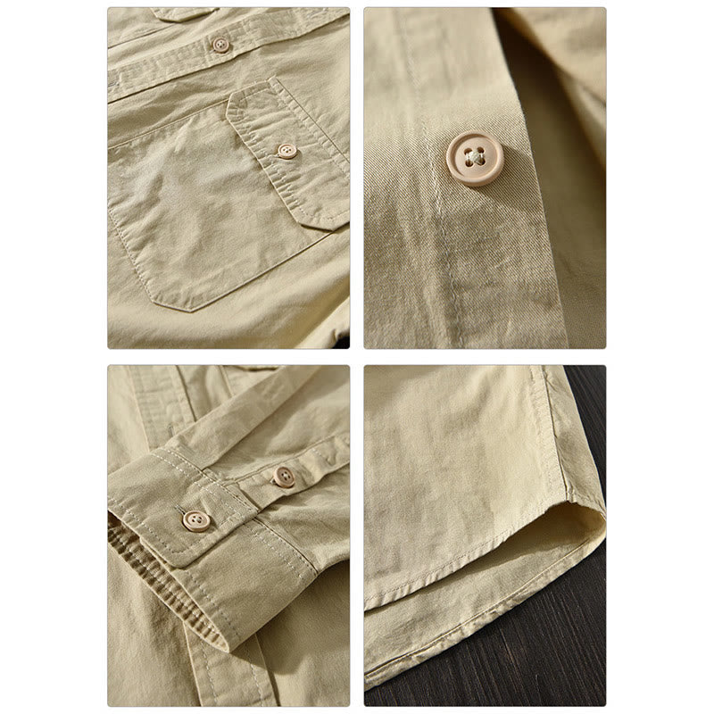 Buddha Stones Men's Long Sleeve Turn-down Collar With Pocket Pure Color Casual Cotton Shirt - image 8