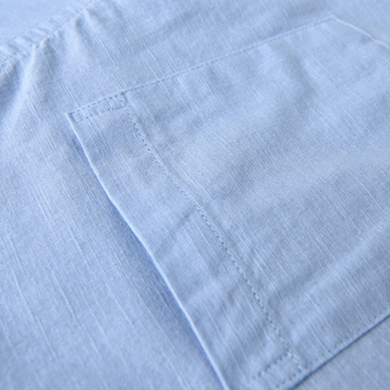 Buddha Stones Men's Long Sleeve Stand Collar With Pocket Pure Color Casual Cotton Linen Shirt - image 19