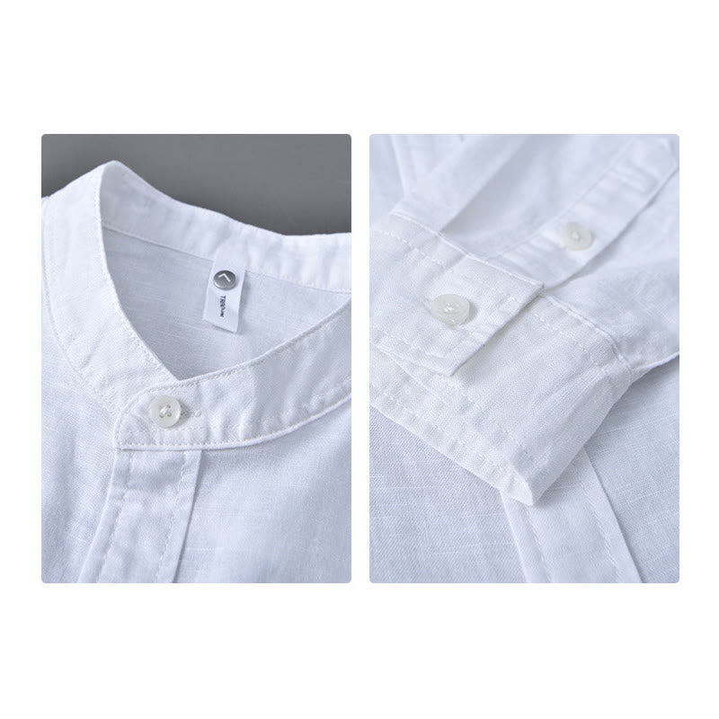 Buddha Stones Men's Long Sleeve Stand Collar With Pocket Pure Color Casual Cotton Linen Shirt - image 8