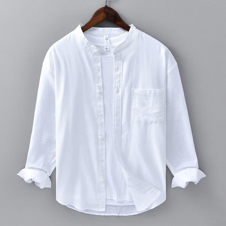 Buddha Stones Men's Long Sleeve Stand Collar With Pocket Pure Color Casual Cotton Linen Shirt - White - US/UK/AU40，EU50 (3XL) - image 5