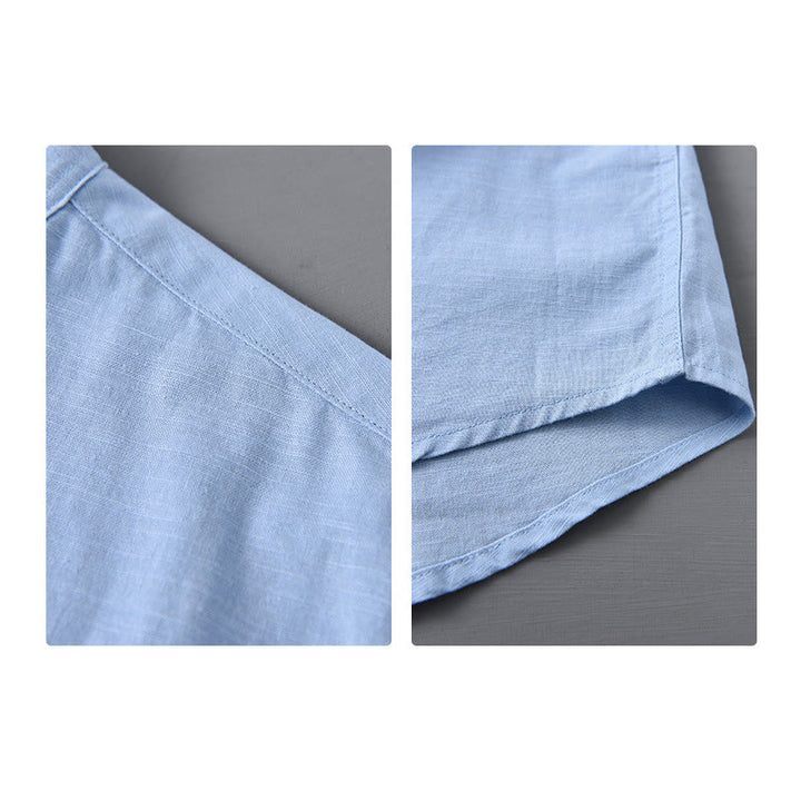 Buddha Stones Men's Long Sleeve Stand Collar With Pocket Pure Color Casual Cotton Linen Shirt - image 16