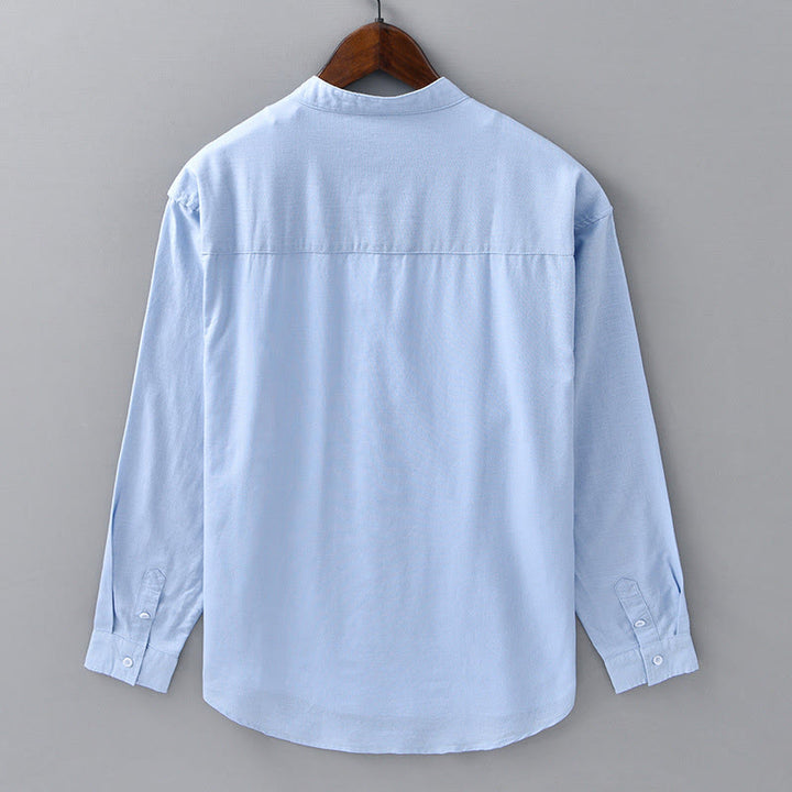 Buddha Stones Men's Long Sleeve Stand Collar With Pocket Pure Color Casual Cotton Linen Shirt - image 12