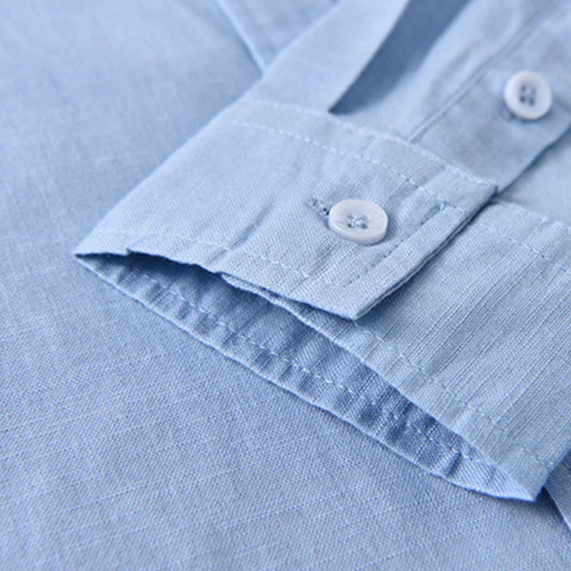 Buddha Stones Men's Long Sleeve Stand Collar With Pocket Pure Color Casual Cotton Linen Shirt - image 14