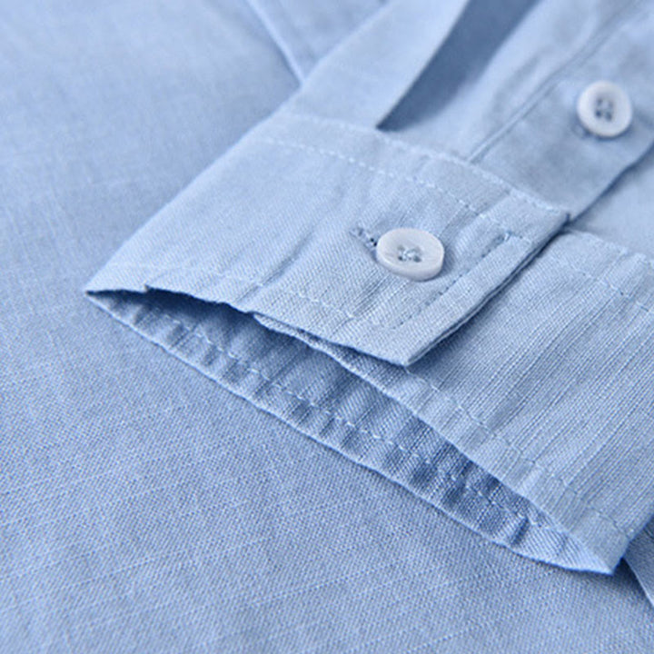 Buddha Stones Men's Long Sleeve Stand Collar With Pocket Pure Color Casual Cotton Linen Shirt - image 14