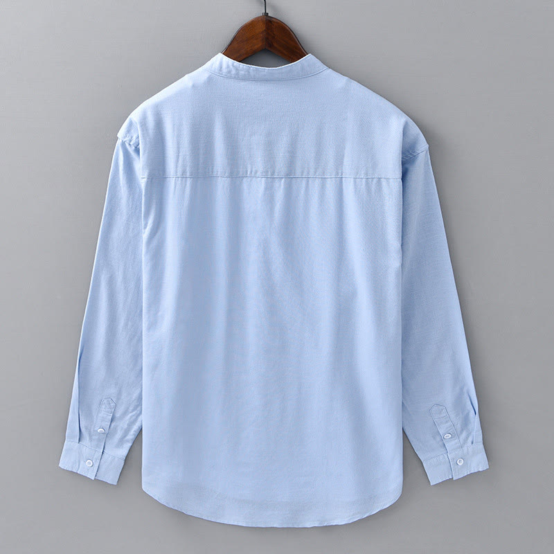 Buddha Stones Men's Long Sleeve Stand Collar With Pocket Pure Color Casual Cotton Linen Shirt - image 11
