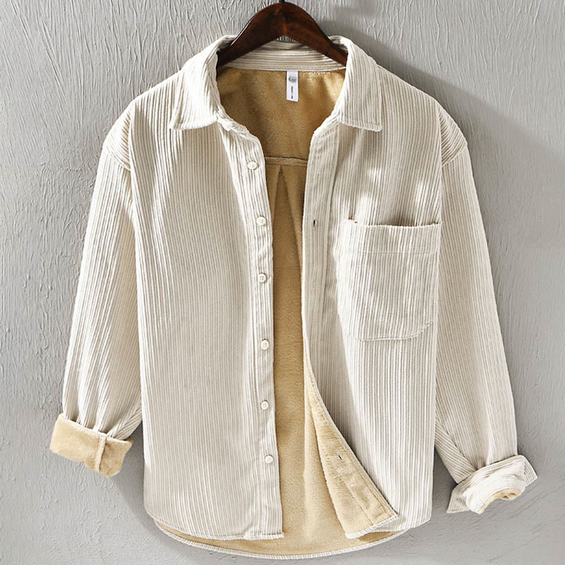 Buddha Stones Men's Long Sleeve Turn-down Collar With Pocket Corduroy Comfortable Shirt - Beige - US/UK/AU40，EU50 (3XL) - image 0