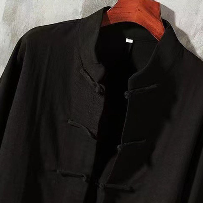 Buddha Stones Men's Tang Long Sleeve Shirt Frog Button With Pocket Stand Collar Comfort Linen Shirt - image 8