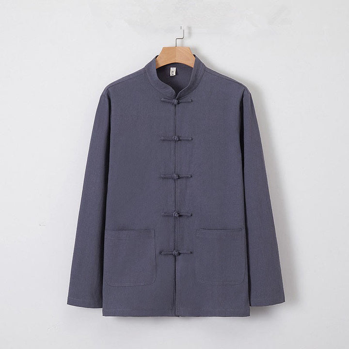 Buddha Stones Men's Tang Long Sleeve Shirt Frog Button With Pocket Stand Collar Comfort Linen Shirt - SlateGray - US/UK/AU46，EU56 (5XL) - image 6