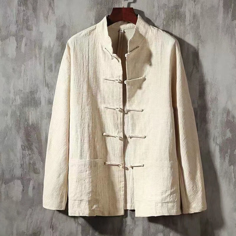 Buddha Stones Men's Tang Long Sleeve Shirt Frog Button With Pocket Stand Collar Comfort Linen Shirt - Cornsilk - US/UK/AU46，EU56 (5XL) - image 11