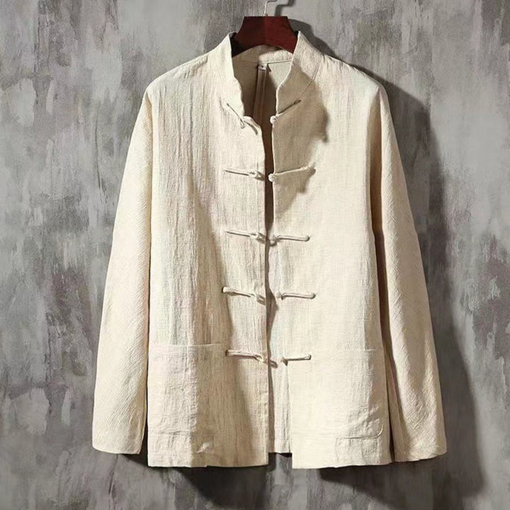 Buddha Stones Men's Tang Long Sleeve Shirt Frog Button With Pocket Stand Collar Comfort Linen Shirt - Cornsilk - US/UK/AU46，EU56 (5XL) - image 11