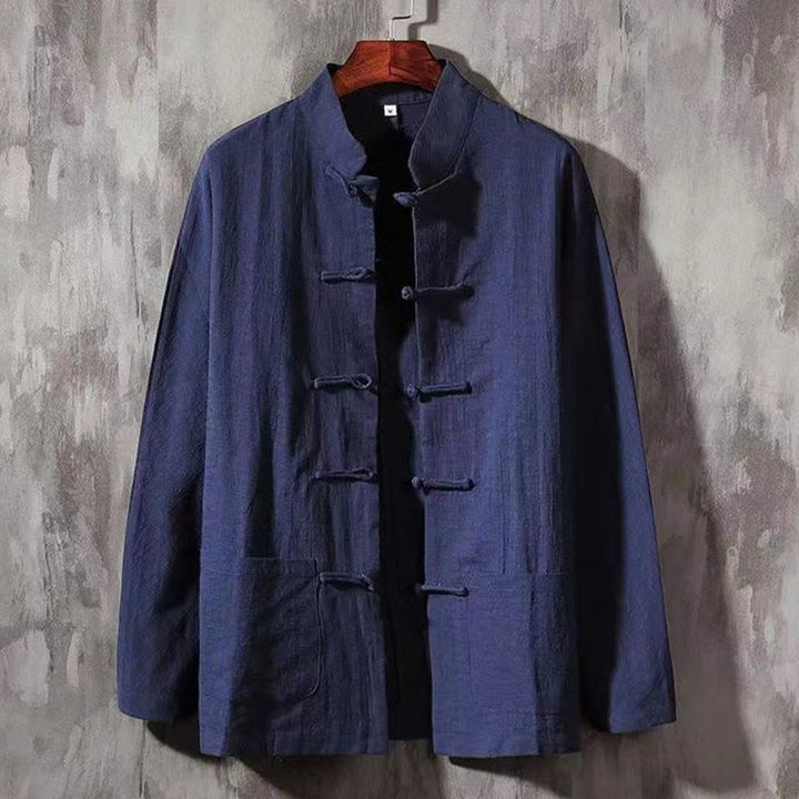 Buddha Stones Men's Tang Long Sleeve Shirt Frog Button With Pocket Stand Collar Comfort Linen Shirt - MidnightBlue - US/UK/AU46，EU56 (5XL) - image 9
