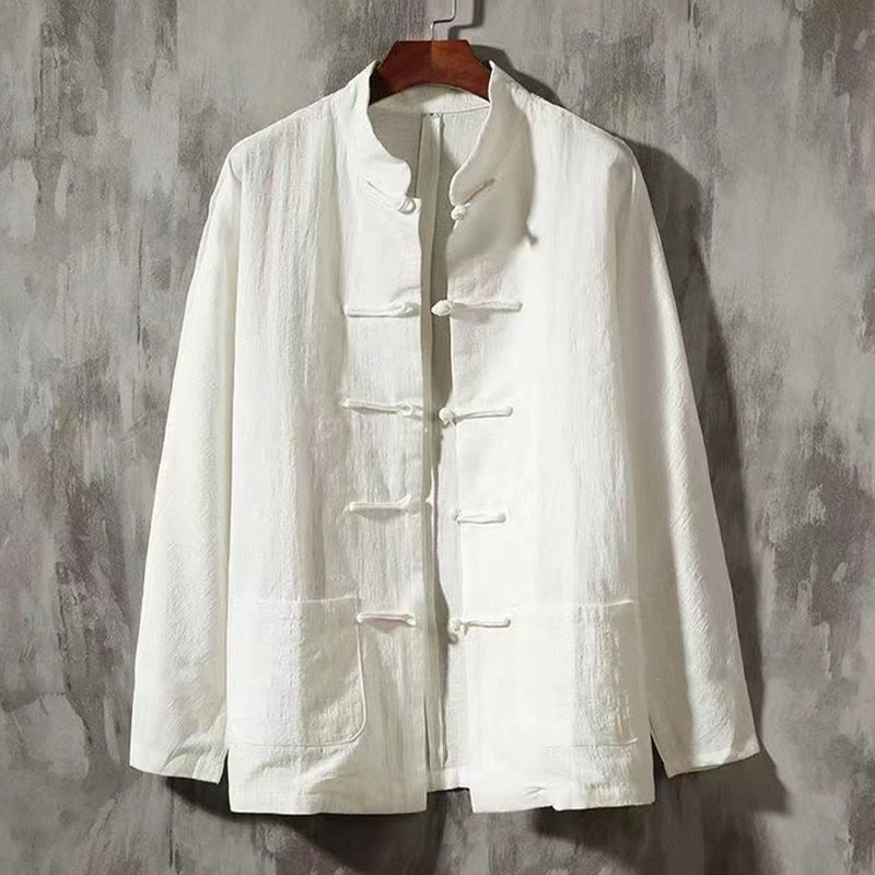 Buddha Stones Men's Tang Long Sleeve Shirt Frog Button With Pocket Stand Collar Comfort Linen Shirt - White - US/UK/AU46，EU56 (5XL) - image 1