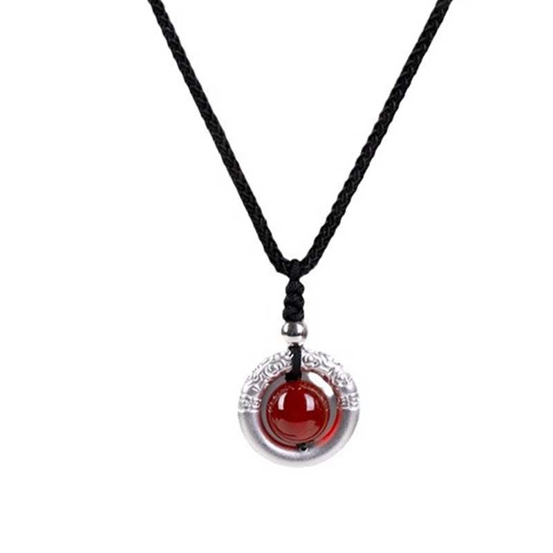 Buddha Stones 999 Sterling Silver Red Agate Peace Buckle Blessing Necklace Pendant