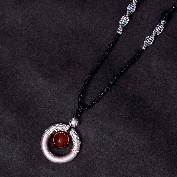 Buddha Stones 999 Sterling Silver Red Agate Peace Buckle Blessing Necklace Pendant