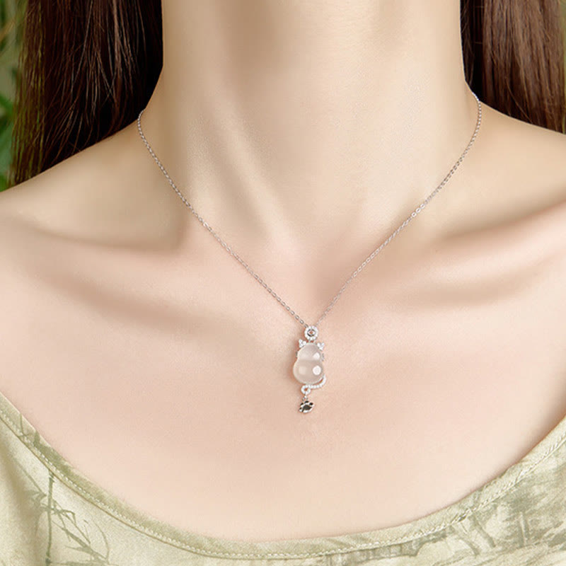 Buddha Stones 925 Sterling Silver 14k Gold White Jade Gourd Cat Protection Necklace Pendant - image 3