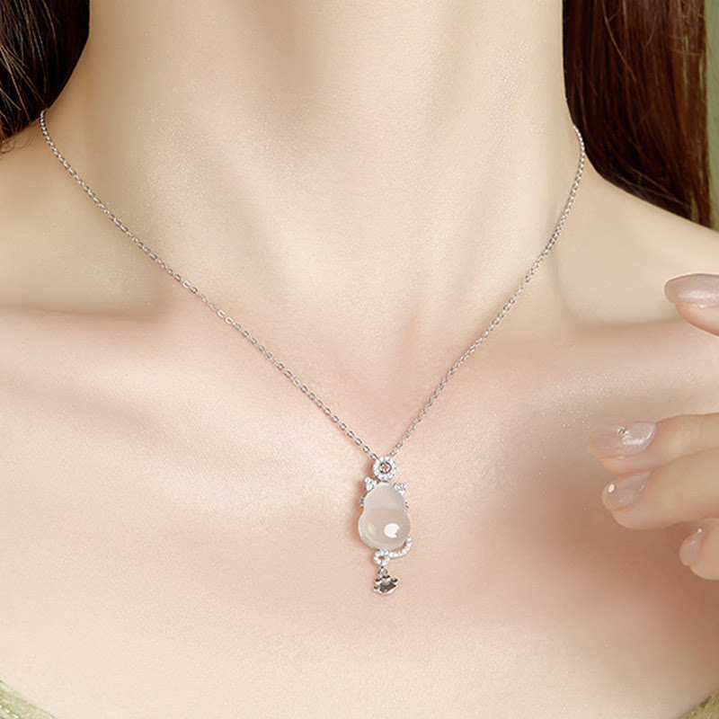 Buddha Stones 925 Sterling Silver 14k Gold White Jade Gourd Cat Protection Necklace Pendant - image 5