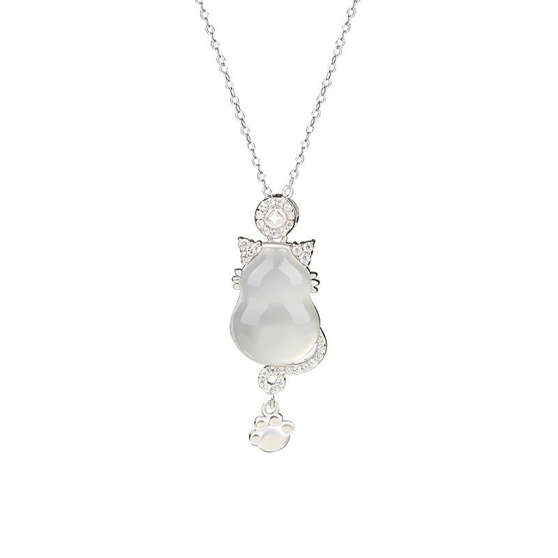 Buddha Stones 925 Sterling Silver 14k Gold White Jade Gourd Cat Protection Necklace Pendant - image 2