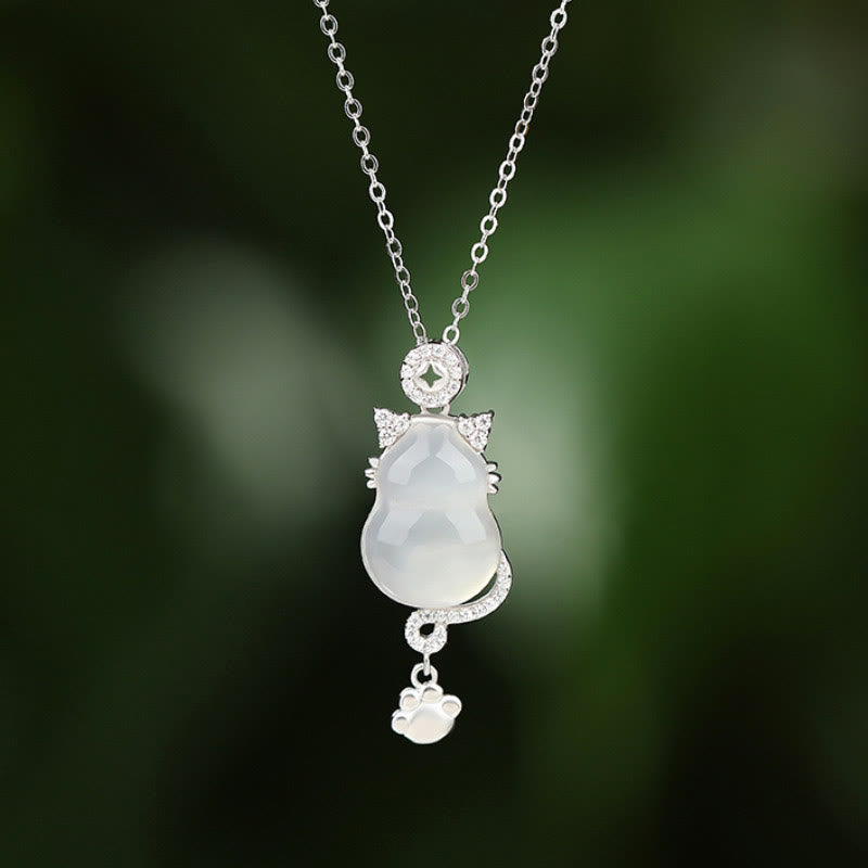 Buddha Stones 925 Sterling Silver 14k Gold White Jade Gourd Cat Protection Necklace Pendant - 925 Sterling Silver - image 1