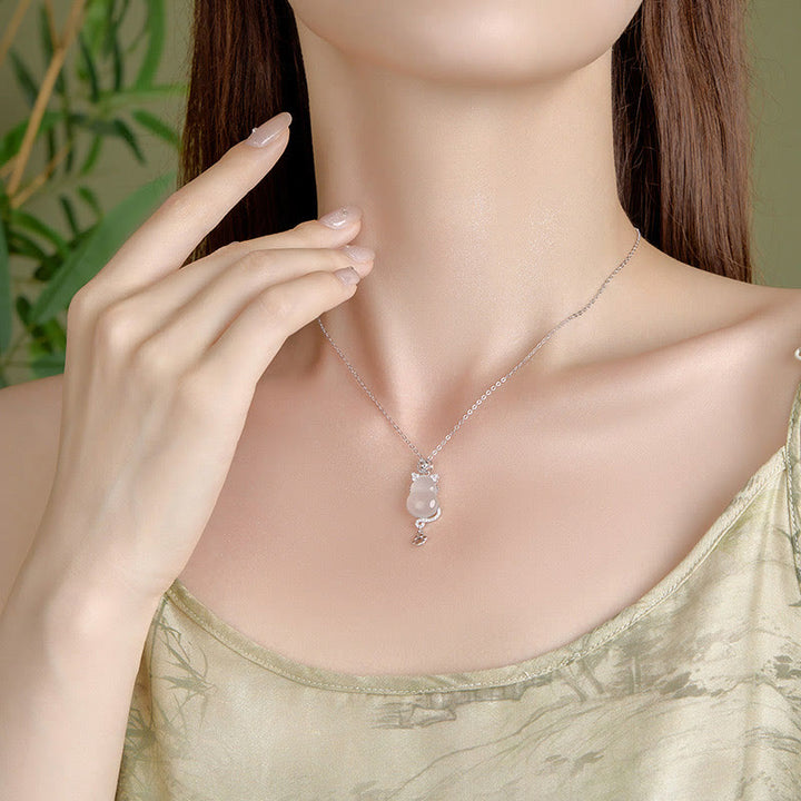 Buddha Stones 925 Sterling Silver 14k Gold White Jade Gourd Cat Protection Necklace Pendant - image 8