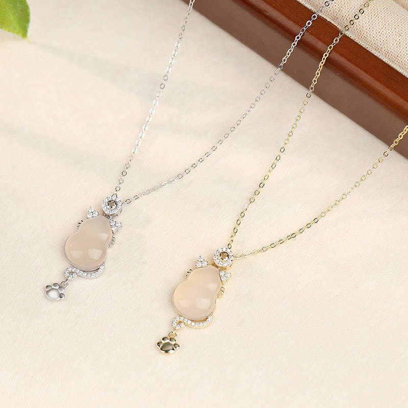 Buddha Stones 925 Sterling Silver 14k Gold White Jade Gourd Cat Protection Necklace Pendant - image 10