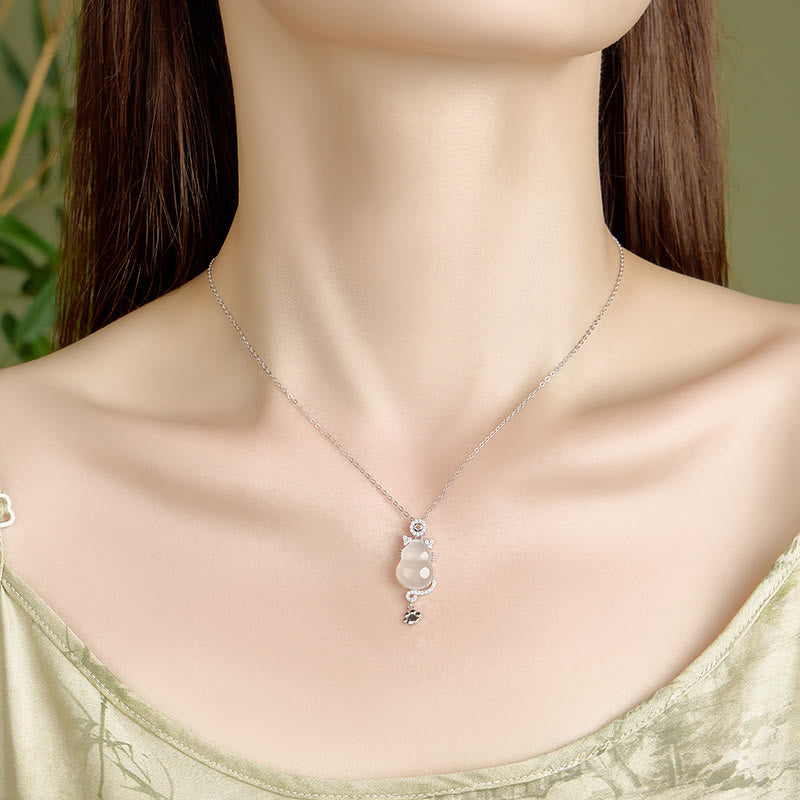 Buddha Stones 925 Sterling Silver 14k Gold White Jade Gourd Cat Protection Necklace Pendant - image 4