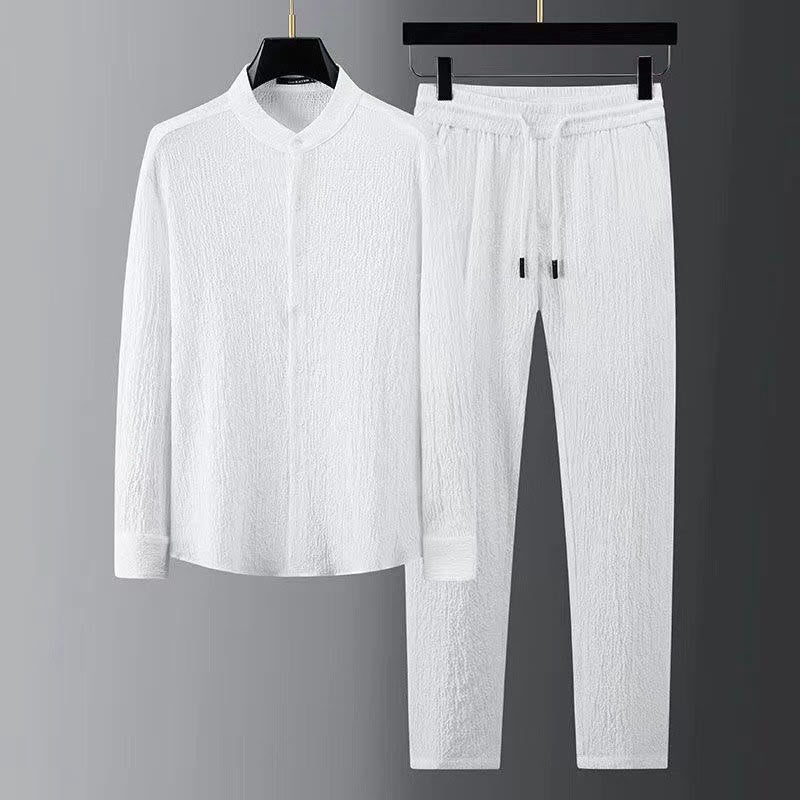 Buddha Stones Pure Color Long Sleeve Top Pants Clothing Men's Set - White - US/UK/AU44，EU54 (4XL) - image 4