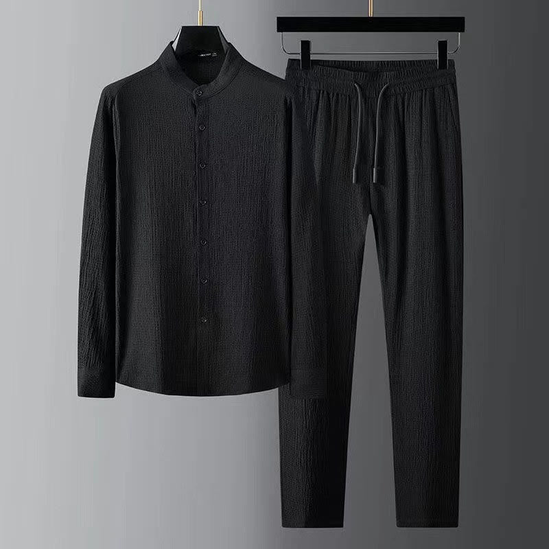 Buddha Stones Pure Color Long Sleeve Top Pants Clothing Men's Set - Black - US/UK/AU44，EU54 (4XL) - image 1