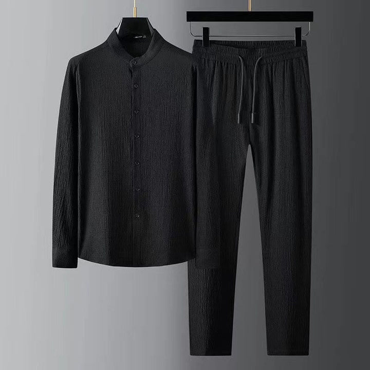 Buddha Stones Pure Color Long Sleeve Top Pants Clothing Men's Set - Black - US/UK/AU44，EU54 (4XL) - image 1
