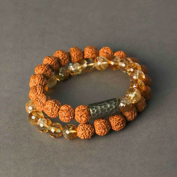 Buddha Stones Citrine Sandalwood Bodhi Seed Protection Double Wrap Bracelet