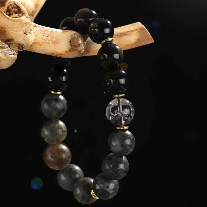 Buddha Stones 925 Sterling Silver Black Onyx Gold Sheen Obsidian Lava Rock Tiger Eye Six True Words Wealth Protection Bracelet