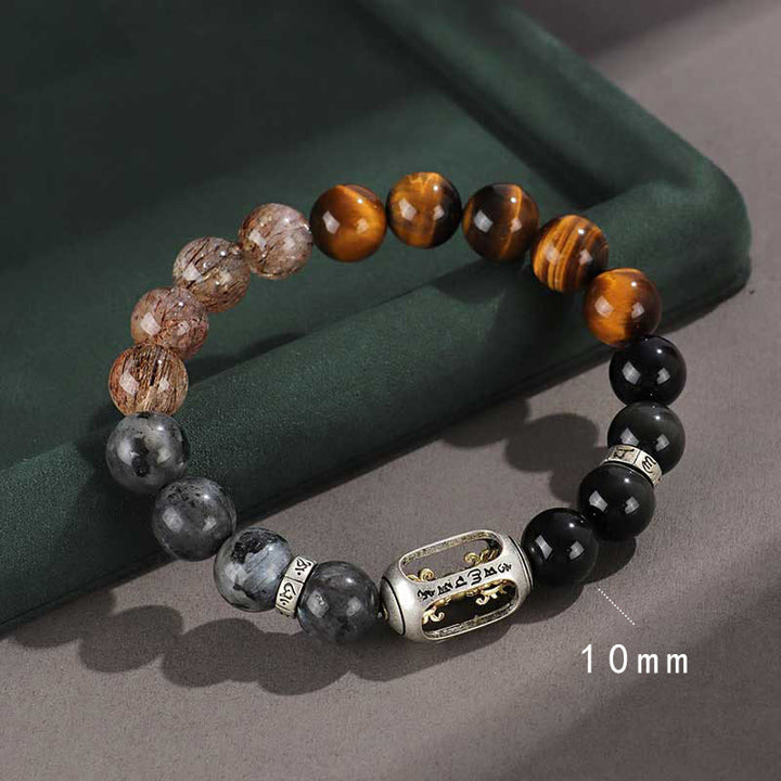 Buddha Stones 925 Sterling Silver Black Onyx Gold Sheen Obsidian Lava Rock Tiger Eye Six True Words Wealth Protection Bracelet