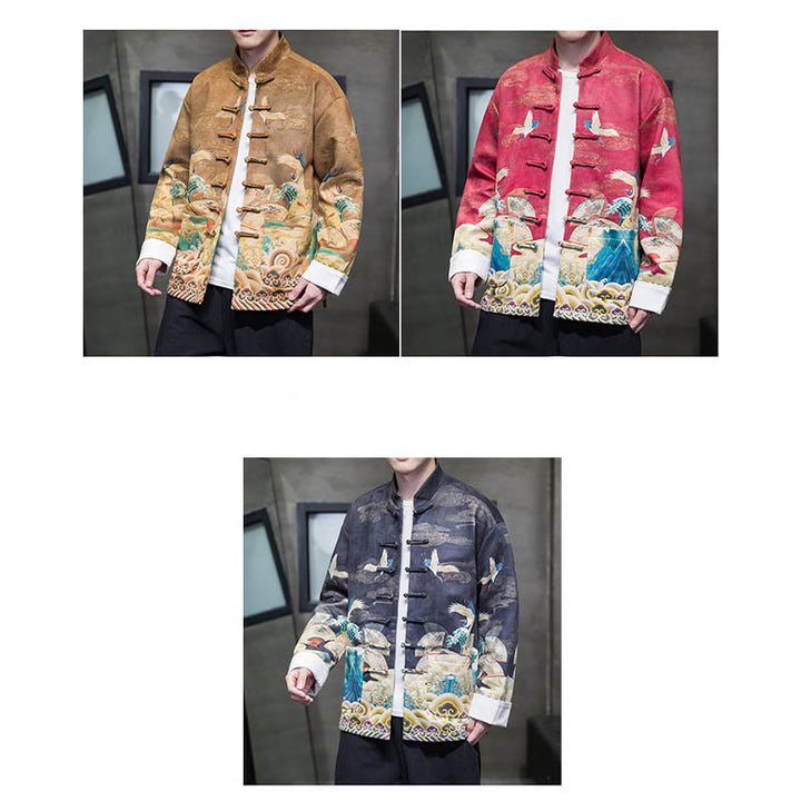 Buddha Stones Frog-Button Chinese Tang Suit Crane Character Long Shirt Cotton Suede Men Jacket Clothing - image 29