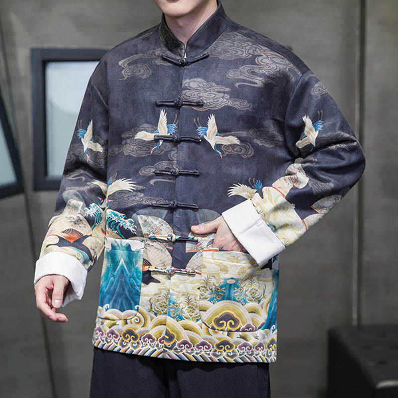 Buddha Stones Frog-Button Chinese Tang Suit Crane Character Long Shirt Cotton Suede Men Jacket Clothing - image 13