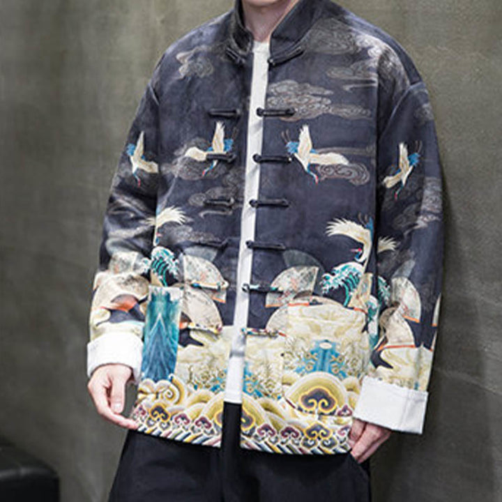 Buddha Stones Frog-Button Chinese Tang Suit Crane Character Long Shirt Cotton Suede Men Jacket Clothing - image 10