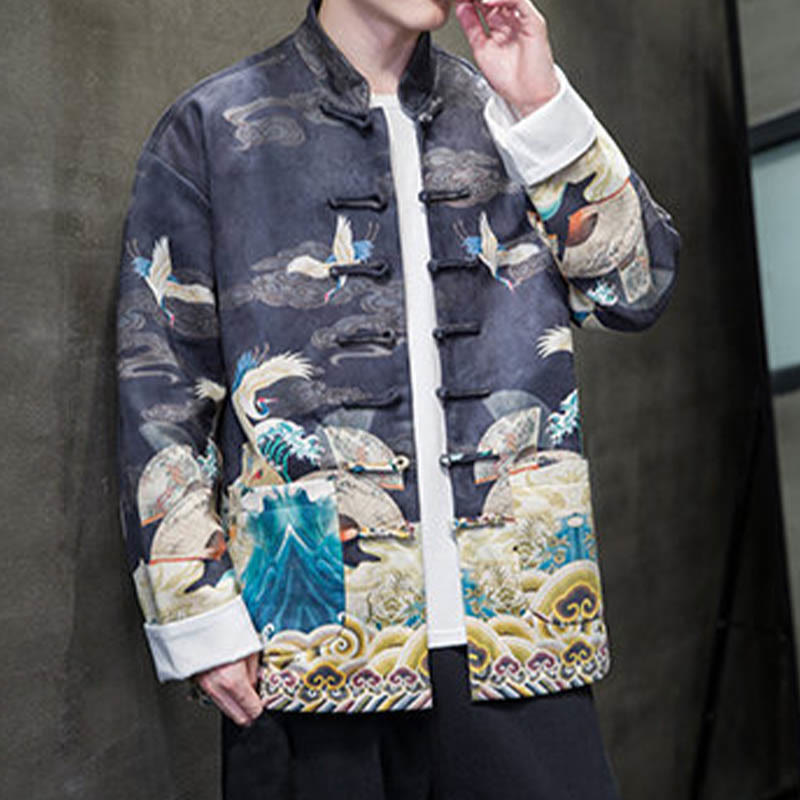 Buddha Stones Frog-Button Chinese Tang Suit Crane Character Long Shirt Cotton Suede Men Jacket Clothing - image 11