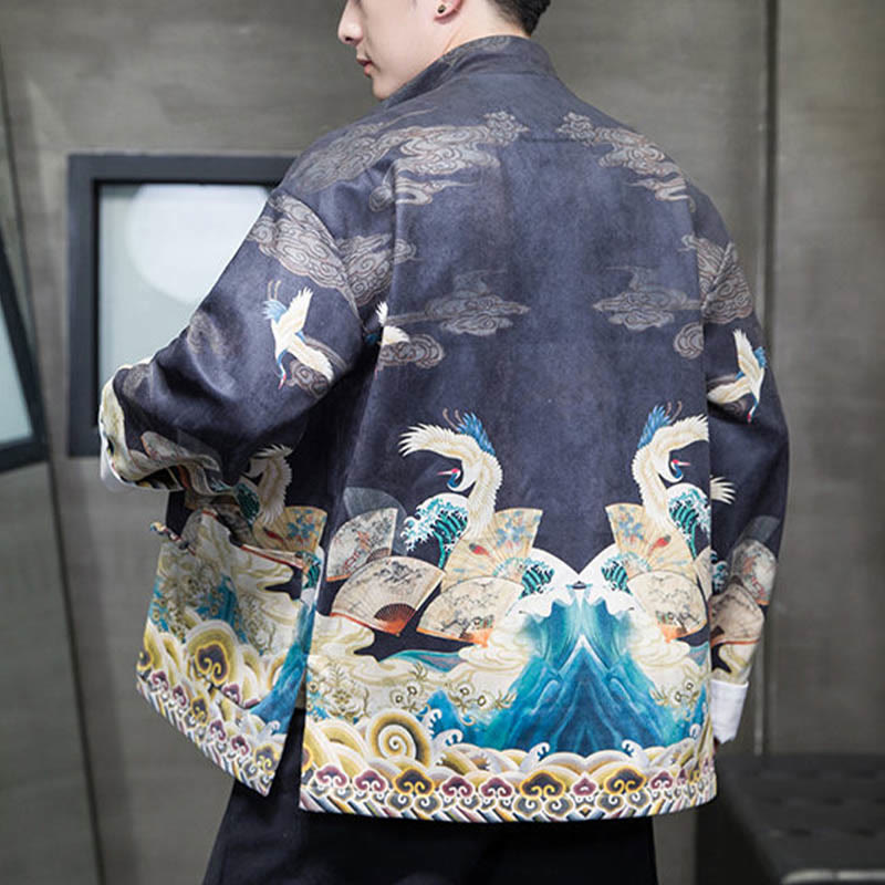 Buddha Stones Frog-Button Chinese Tang Suit Crane Character Long Shirt Cotton Suede Men Jacket Clothing - image 10