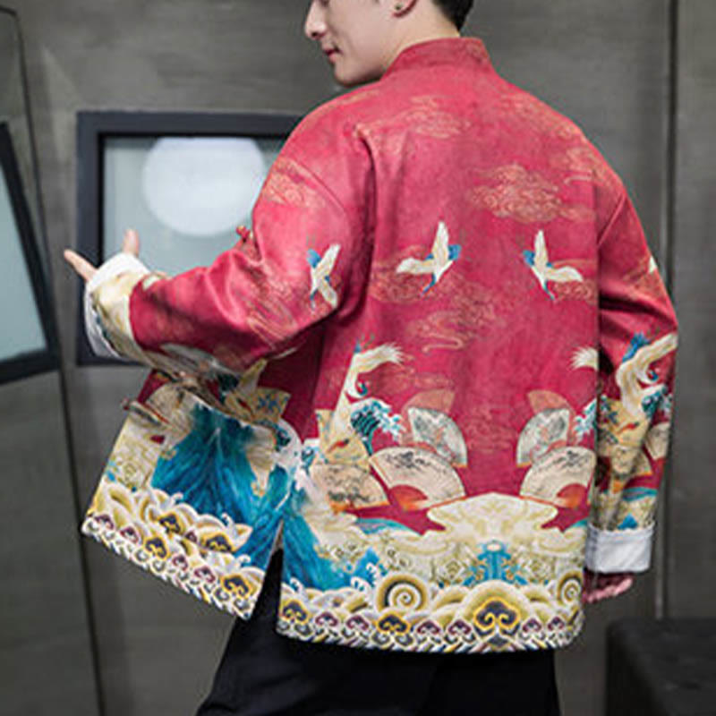 Buddha Stones Frog-Button Chinese Tang Suit Crane Character Long Shirt Cotton Suede Men Jacket Clothing - image 19