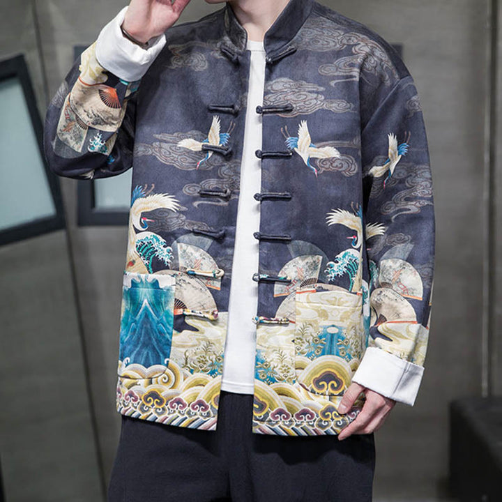 Buddha Stones Frog-Button Chinese Tang Suit Crane Character Long Shirt Cotton Suede Men Jacket Clothing - MidnightBlue - US/UK/AU46，EU56 (5XL) - image 8