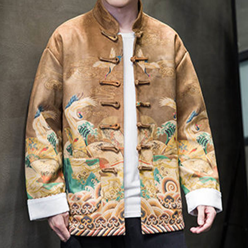 Buddha Stones Frog-Button Chinese Tang Suit Crane Character Long Shirt Cotton Suede Men Jacket Clothing - image 8
