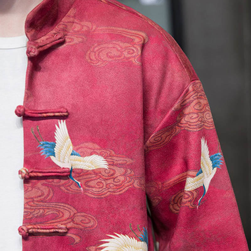 Buddha Stones Frog-Button Chinese Tang Suit Crane Character Long Shirt Cotton Suede Men Jacket Clothing - image 25