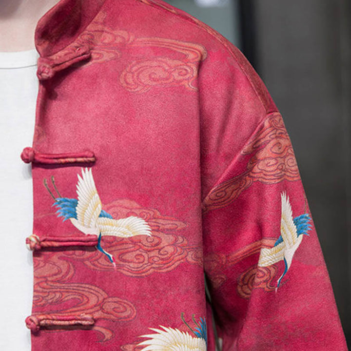 Buddha Stones Frog-Button Chinese Tang Suit Crane Character Long Shirt Cotton Suede Men Jacket Clothing - image 25