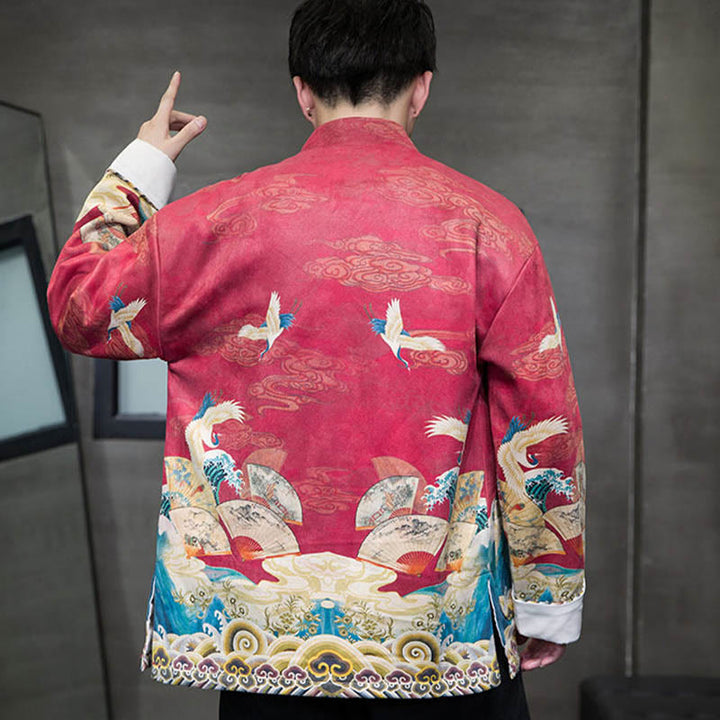 Buddha Stones Frog-Button Chinese Tang Suit Crane Character Long Shirt Cotton Suede Men Jacket Clothing - image 19