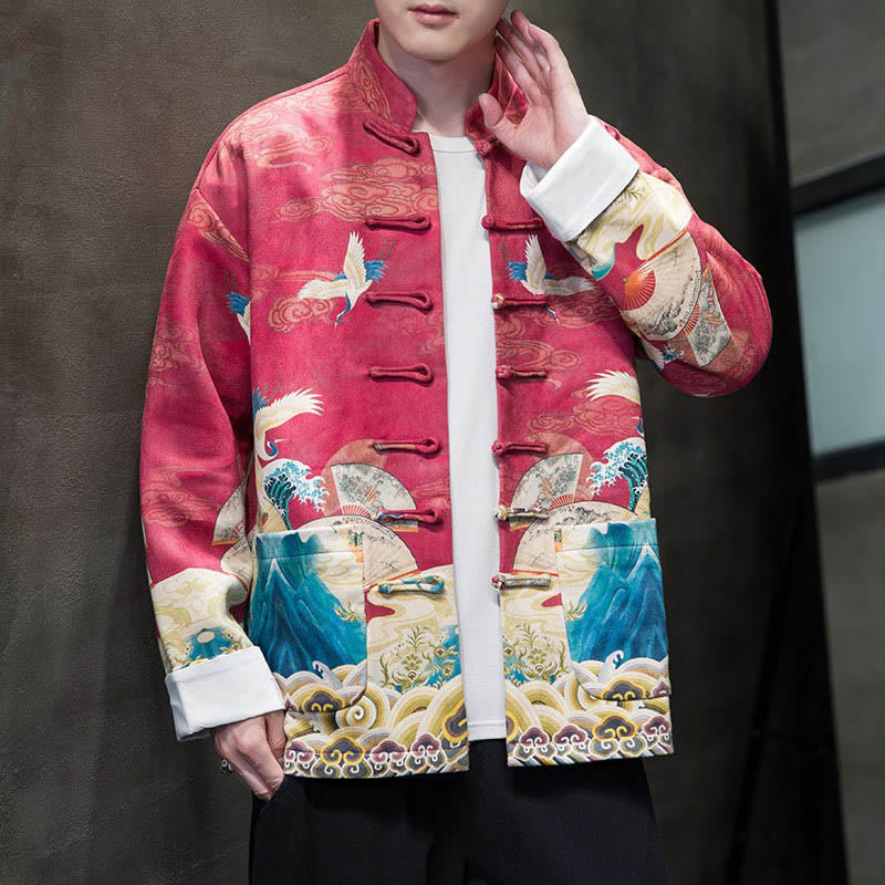Buddha Stones Frog-Button Chinese Tang Suit Crane Character Long Shirt Cotton Suede Men Jacket Clothing - Crimson - US/UK/AU46，EU56 (5XL) - image 17