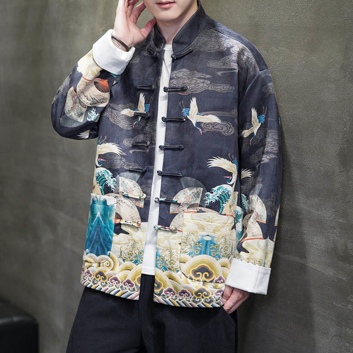 Buddha Stones Frog-Button Chinese Tang Suit Crane Character Long Shirt Cotton Suede Men Jacket Clothing - image 16