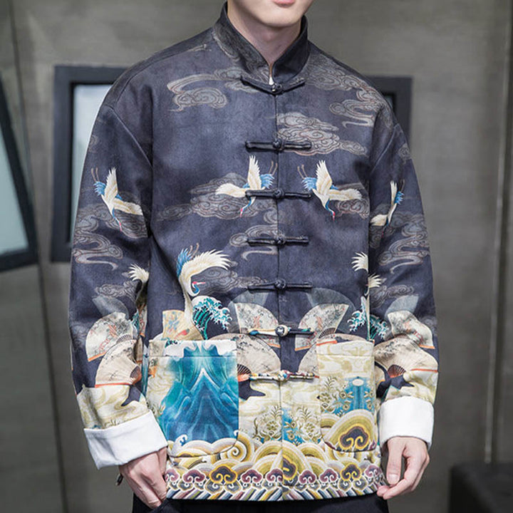 Buddha Stones Frog-Button Chinese Tang Suit Crane Character Long Shirt Cotton Suede Men Jacket Clothing - image 15