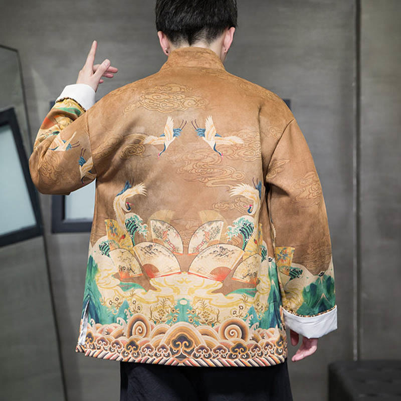 Buddha Stones Frog-Button Chinese Tang Suit Crane Character Long Shirt Cotton Suede Men Jacket Clothing - image 4