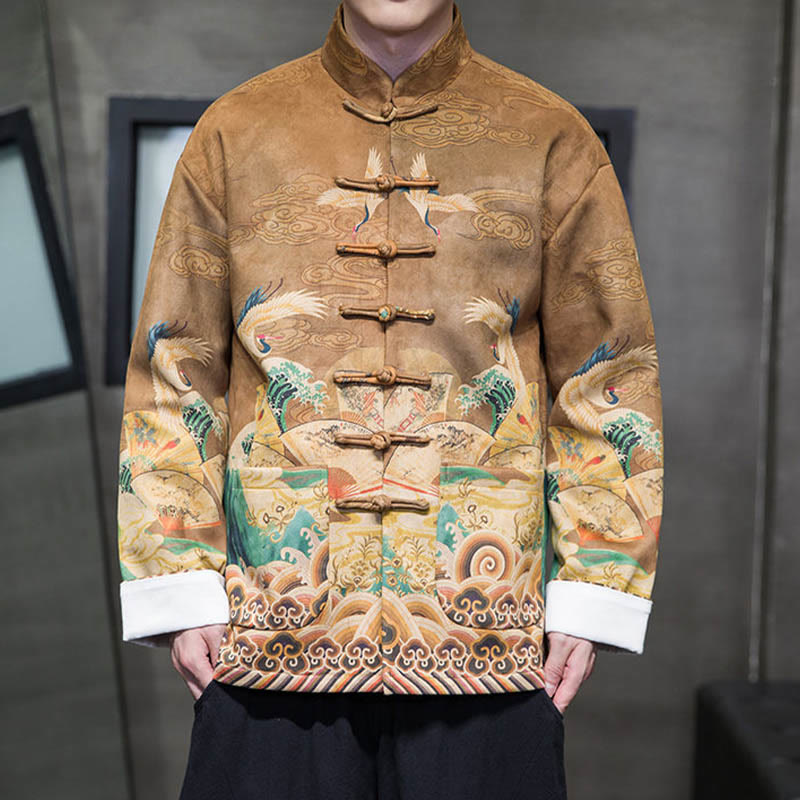 Buddha Stones Frog-Button Chinese Tang Suit Crane Character Long Shirt Cotton Suede Men Jacket Clothing - image 5